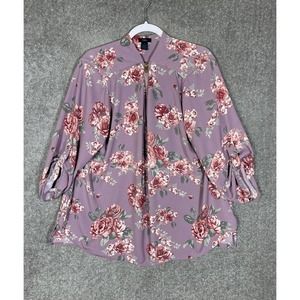 Rue+ Plus Rose Floral 1/2 Zip Pullover Top‎ Womens Size 2X Roll Tab 3/4 Sleeve